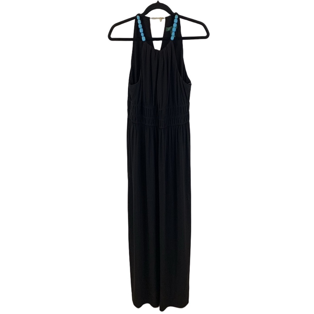 NWT Ralph Lauren Black Maxi Halter Dress Turquoise Beaded Straps sz 10 Stretch
